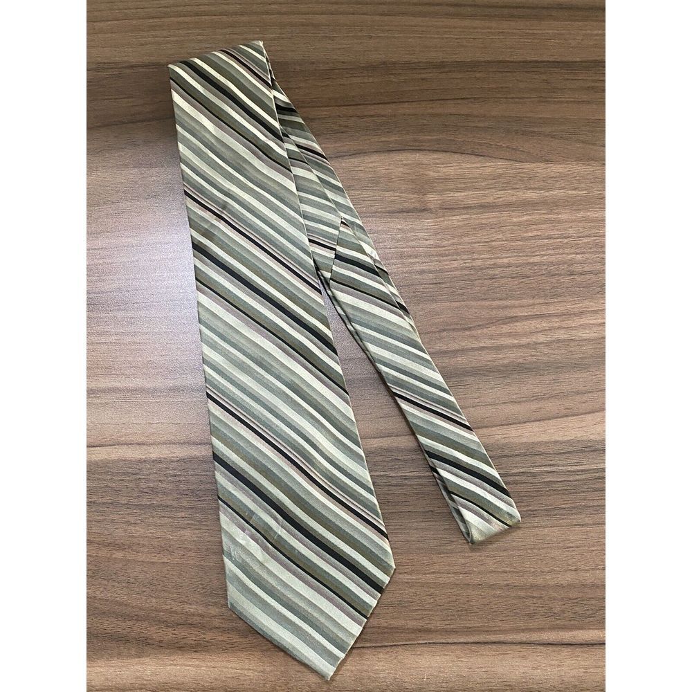 Kenneth Cole Reaction Tie 3.75"x60" Green Beige Black Shimmer Striped Silk Tie